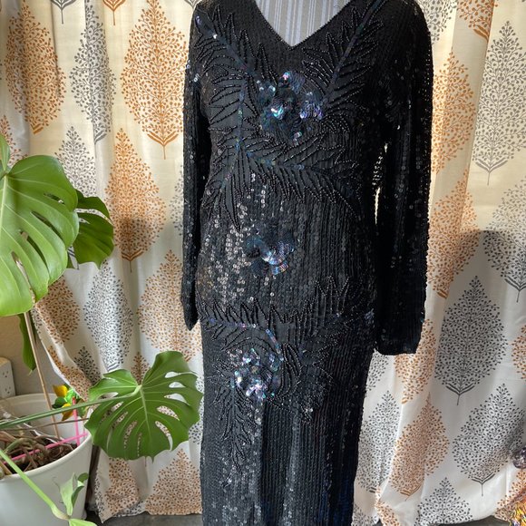 Vintage Black Beaded and Sequin Dress - Picture 2 of 7